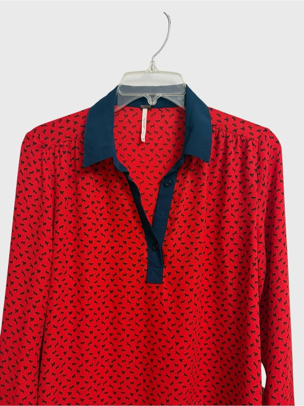 Free People Boyfriend Horse Print Blouse Size XS Red Blue Sheer Oversized Boho